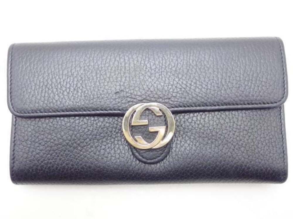 Gucci Interlocking G Zip Long Wallet Black Leather Gold tone